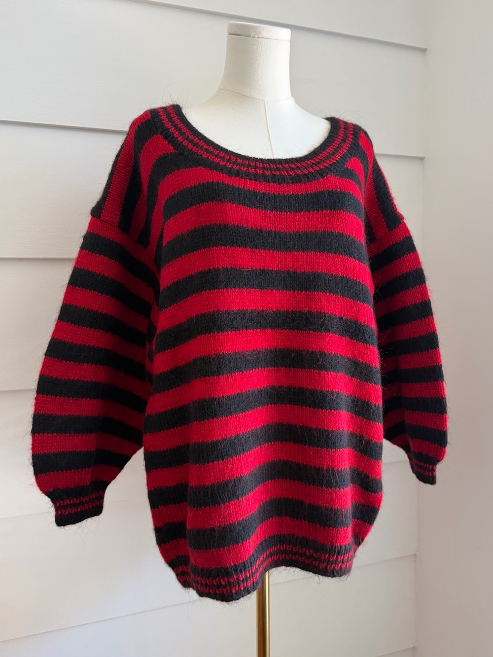 Vintage Handknit Oversized Red & Black Striped Wool Blend Sweater